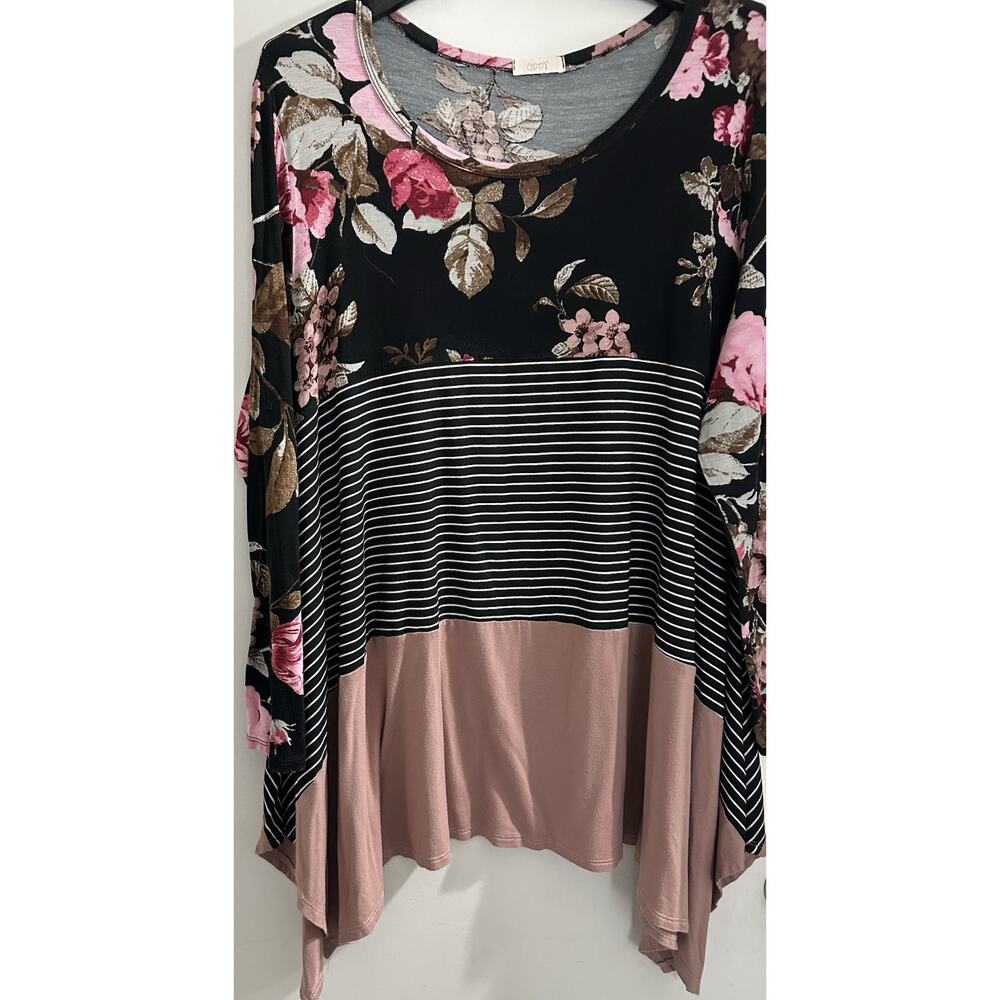Oddi Womens Top Shark Bite Hem Long Sleeve Floral Mixed Print Black Size 2XL USA